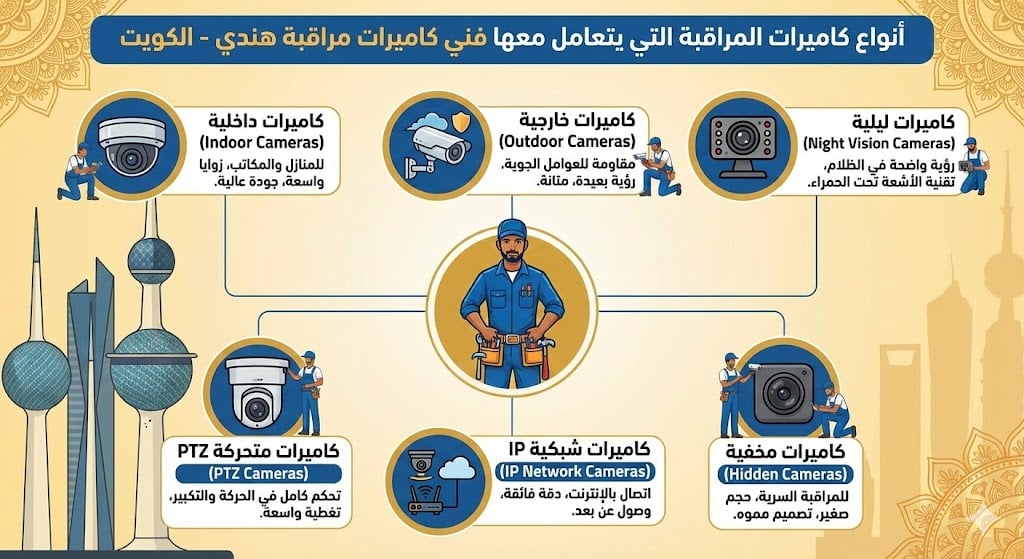 أنواع الكاميرات التي يتعامل معها فني كاميرات مراقبة هندي الكويت